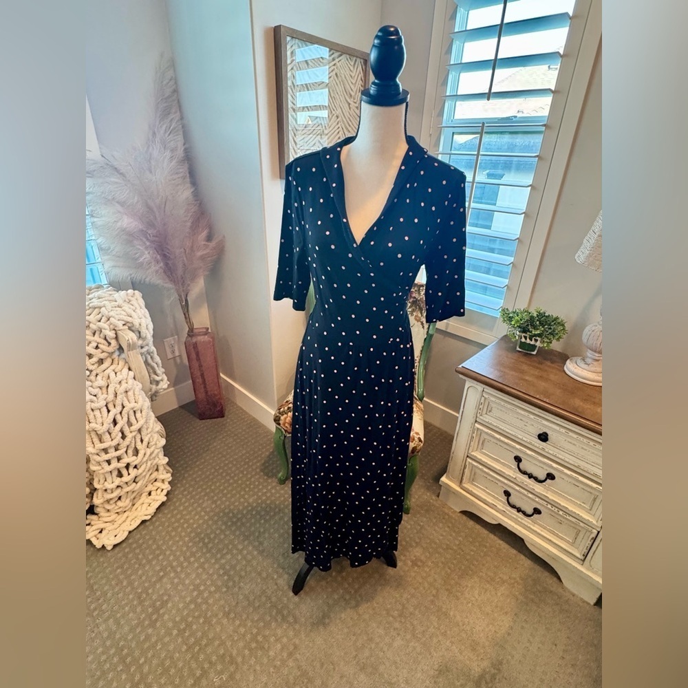 Boden Navy Polka Dot Wrap-Style Midi Dress – Women’s Size 10